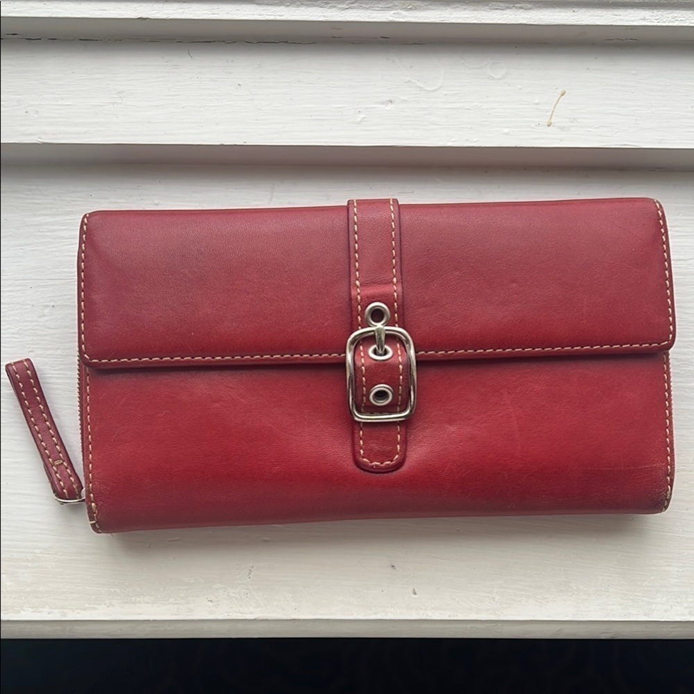 Coach Long Red Leather Trifold Clutch Wallet